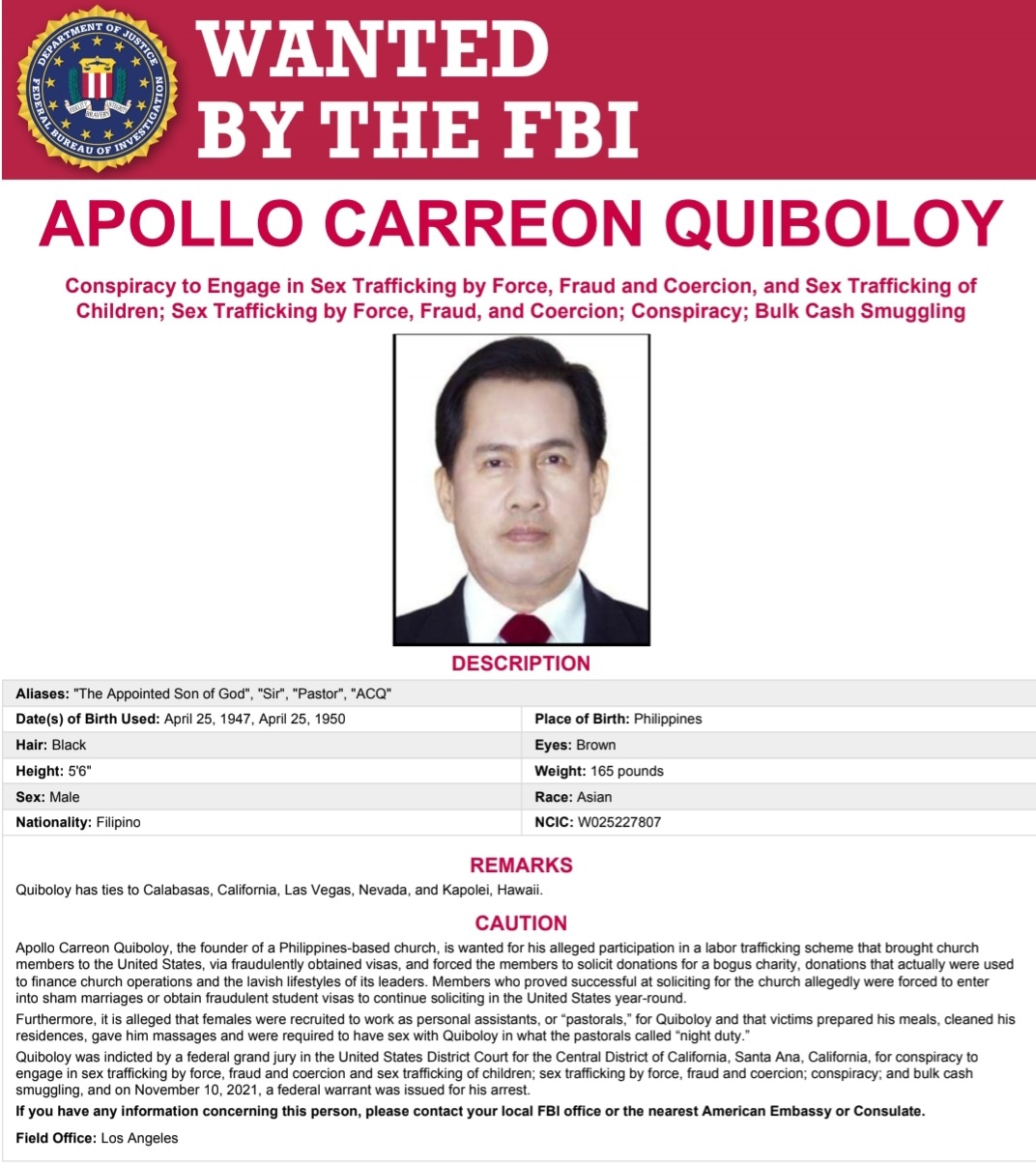 Quiboloy: Wanted by the FBI